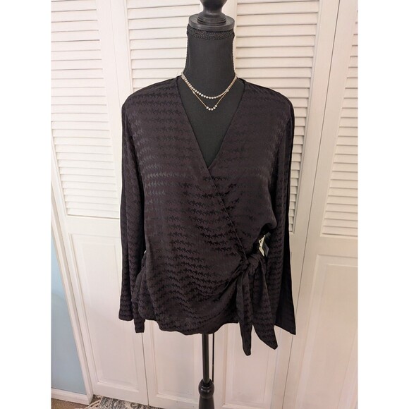 Nine West Blouse Women's XL Black Shimmer Houndstooth Holiday Wrap Top Shirt NEW - Picture 1 of 11